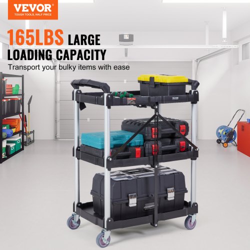 Foldable Utility Service Cart 3 Shelf 165LBS Heavy Duty Plastic Rolling