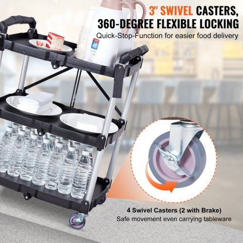 Foldable Utility Service Cart 3 Shelf 165LBS Heavy Duty Plastic Rolling