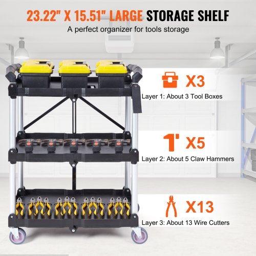 Foldable Utility Service Cart 3 Shelf 165LBS Heavy Duty Plastic Rolling