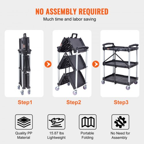 Foldable Utility Service Cart 3 Shelf 165LBS Heavy Duty Plastic Rolling