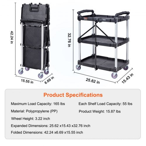 Foldable Utility Service Cart 3 Shelf 165LBS Heavy Duty Plastic Rolling