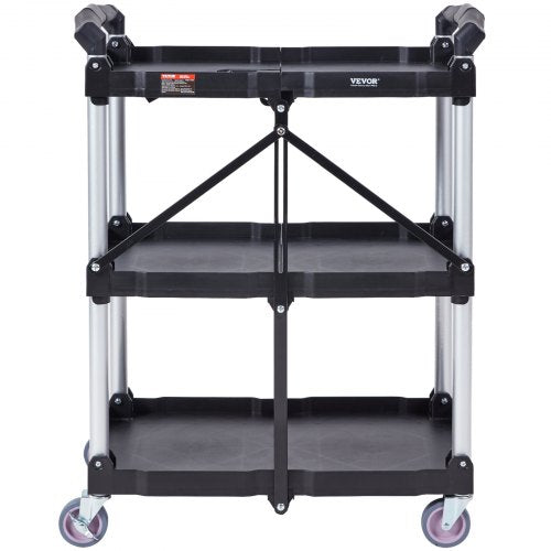 Foldable Utility Service Cart 3 Shelf 165LBS Heavy Duty Plastic Rolling
