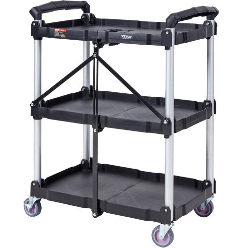 Foldable Utility Service Cart 3 Shelf 165LBS Heavy Duty Plastic Rolling