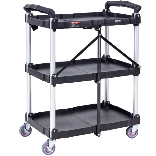 Foldable Utility Service Cart 3 Shelf 165LBS Heavy Duty Plastic Rolling