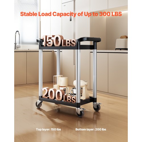 Utility Cart 300 lbs Load Capacity 2tier Utility Plastic Cart with 360°