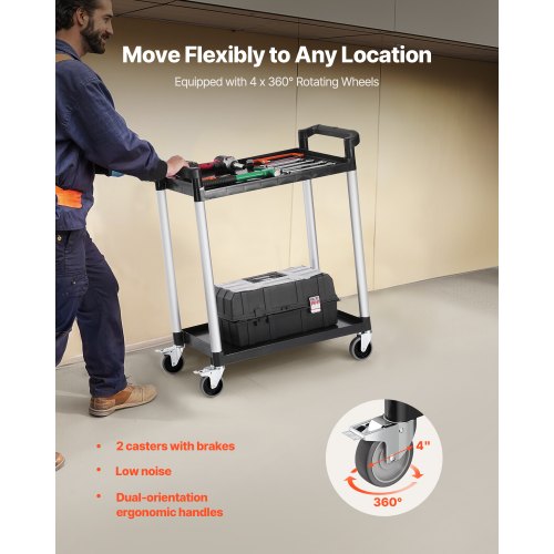 Utility Cart 300 lbs Load Capacity 2tier Utility Plastic Cart with 360°