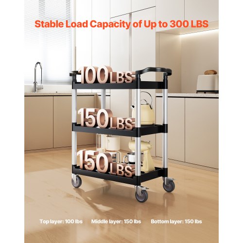 Utility Cart 300 lbs Load Capacity 3tier Utility Plastic Cart with 360°