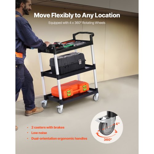 Utility Cart 300 lbs Load Capacity 3tier Utility Plastic Cart with 360°
