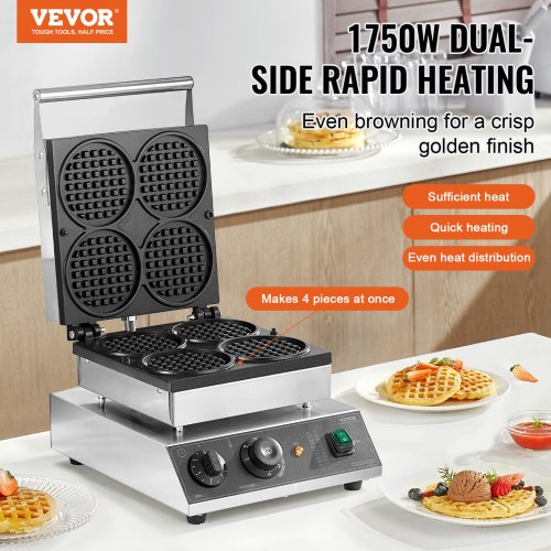 Commercial Waffle Maker 4PCS Round Waffle Baker Machine1750W NonStick