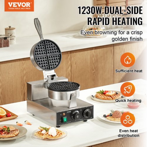 Commercial Waffle Maker 1230W Round Waffle Baker Machine NonStick