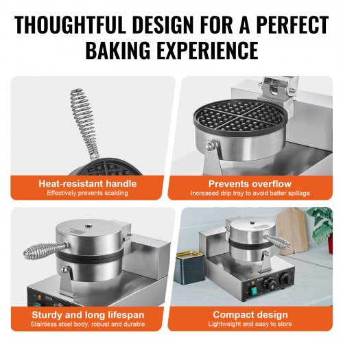 Commercial Waffle Maker 1230W Round Waffle Baker Machine NonStick