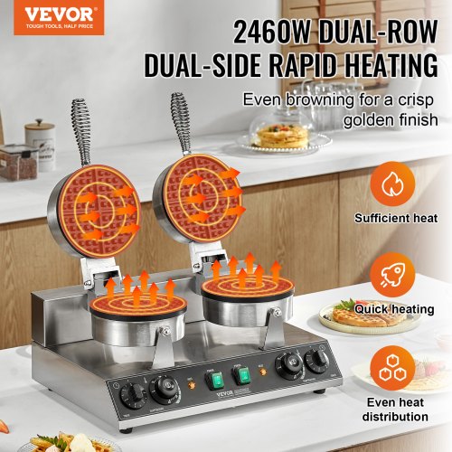Commercial Waffle Maker DualHead Round Waffle Baker Machine 2460W