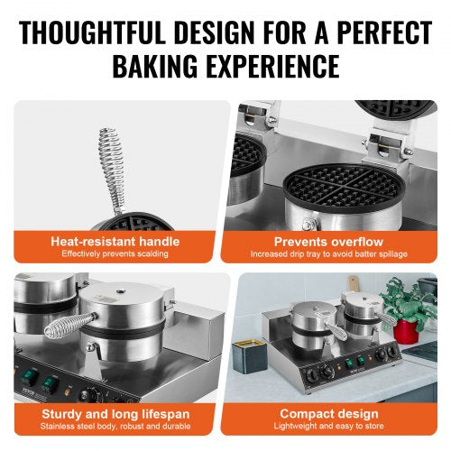Commercial Waffle Maker DualHead Round Waffle Baker Machine 2460W