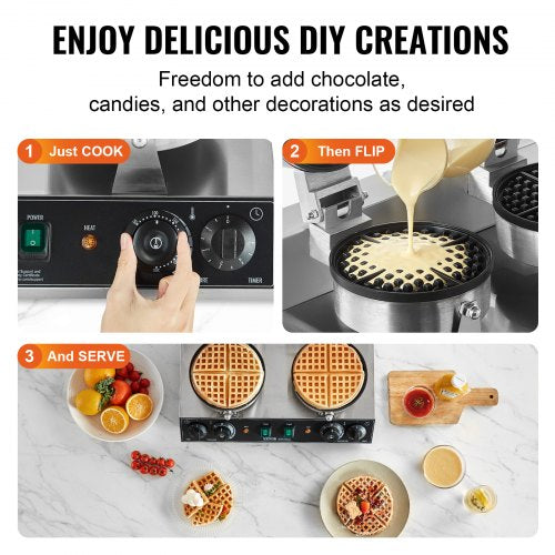 Commercial Waffle Maker DualHead Round Waffle Baker Machine 2460W