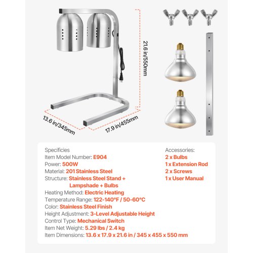 Food Heat Lamp 500W Bulbs Commercial Food Warmer Light Electric Stainless