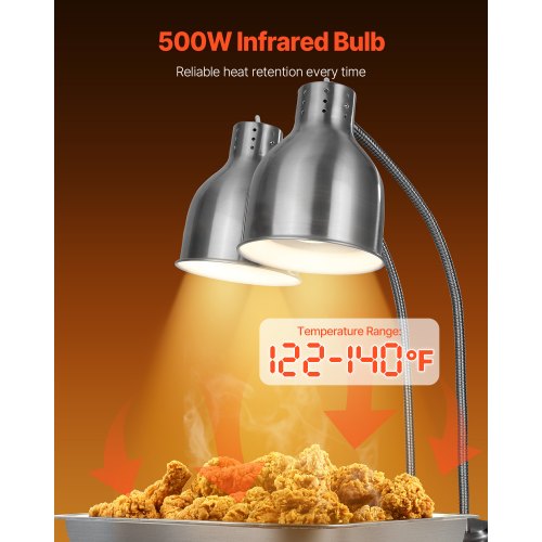 Food Heat Lamp 500W Electric Commercial Food Warmer Light 2Head Stainless