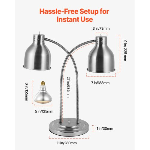 Food Heat Lamp 500W Electric Commercial Food Warmer Light 2Head Stainless