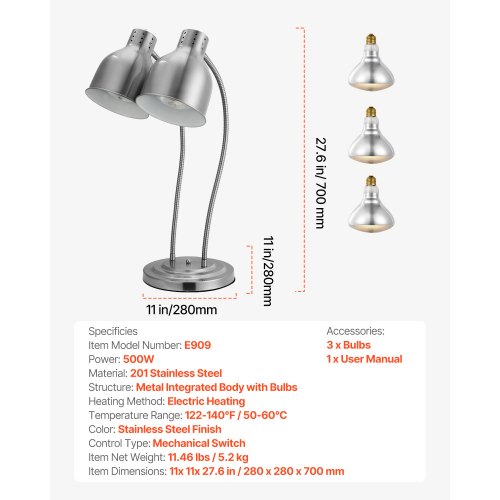 Food Heat Lamp 500W Electric Commercial Food Warmer Light 2Head Stainless