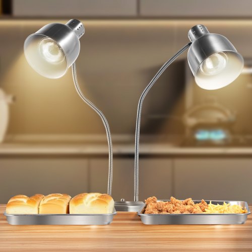 Food Heat Lamp 500W Electric Commercial Food Warmer Light 2Head Stainless