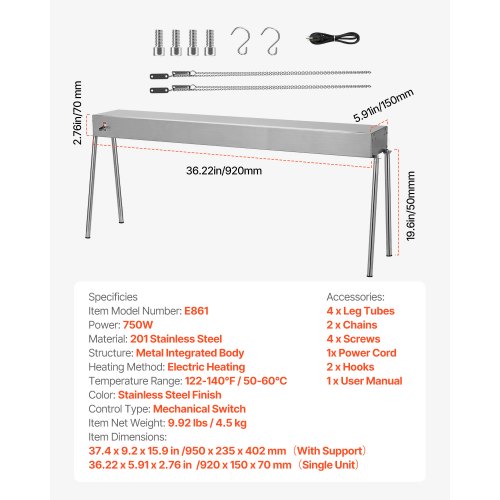 Food Heat Lamp 750W Hanging Commercial Food Heating Warmer Stainless Steel