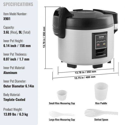 Commercial Rice Cooker 45Cup NonStick Pot 9L 12H Keep Warm Restaurant