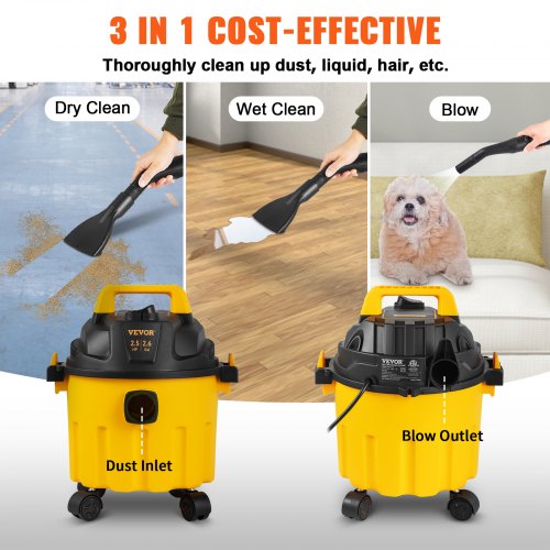 Wet Dry Vac 2.6 Gallon 25 Peak HP 3 in 1 Portable Shop Vacuum with Blowing