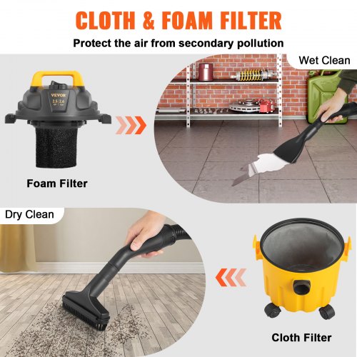 Wet Dry Vac 2.6 Gallon 25 Peak HP 3 in 1 Portable Shop Vacuum with Blowing