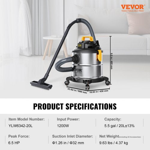Stainless Steel Wet Dry Shop Vacuum 5.5 Gallon 65 Peak HP WetDry Vac