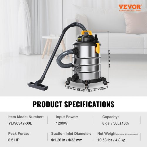 Stainless Steel Wet Dry Shop Vacuum 8 Gallon 6 Peak HP WetDry Vac