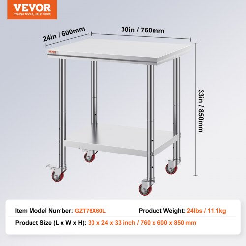 Stainless Steel Work Table 30 x 24 x 33 Inch 700 LBS Load Capacity with 4