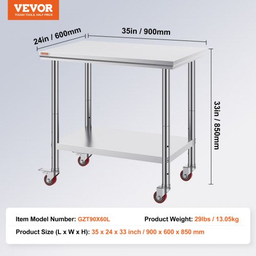 Stainless Steel Work Table 35 x 24 x 33 Inch 700 LBS Load Capacity with 4