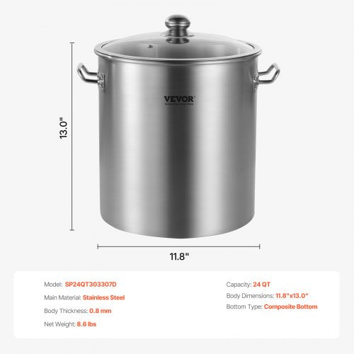 Stainless Steel Stockpot 24 Quart Cooking Pots Cookware Sauce Pot with Lid