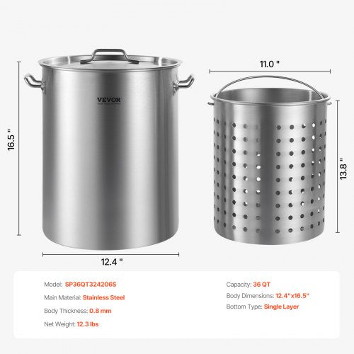Stainless Steel Stockpot 36 Quart Cooking Pots Cookware Sauce Pot with Basket