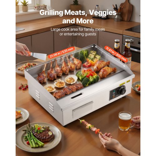 Commercial Electric Griddle 21 X 11.8 Inch 1750W 122570F Adjustable Temp
