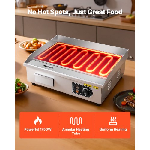 Commercial Electric Griddle 21 X 11.8 Inch 1750W 122570F Adjustable Temp
