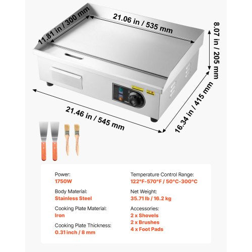 Commercial Electric Griddle 21 X 11.8 Inch 1750W 122570F Adjustable Temp