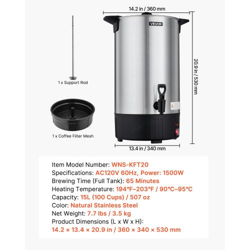 Commercial Coffee Urn 100 Cup 15 L Hot Beverage Dispenser with Dripless