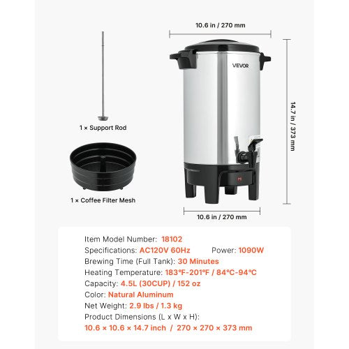 Commercial Coffee Urn 30 Cup 4.5 L Hot Beverage Dispenser with Dripless