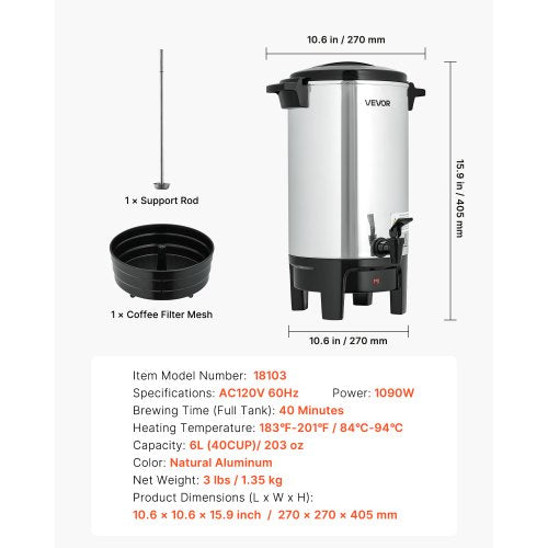 Commercial Coffee Urn 40 Cup 6 L Hot Beverage Dispenser with Dripless