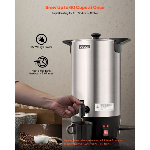 Commercial Coffee Urn 60 Cup 9 L Hot Beverage Dispenser with Dripless