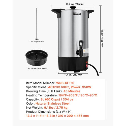 Commercial Coffee Urn 60 Cup 9 L Hot Beverage Dispenser with Dripless