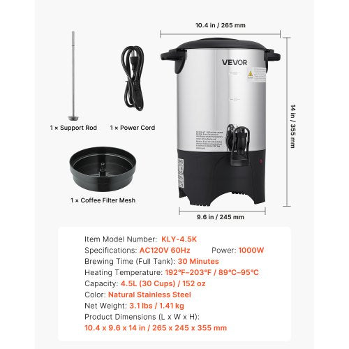 Commercial Coffee Urn 30 Cup 4.5 L Hot Beverage Dispenser with Dripless 1