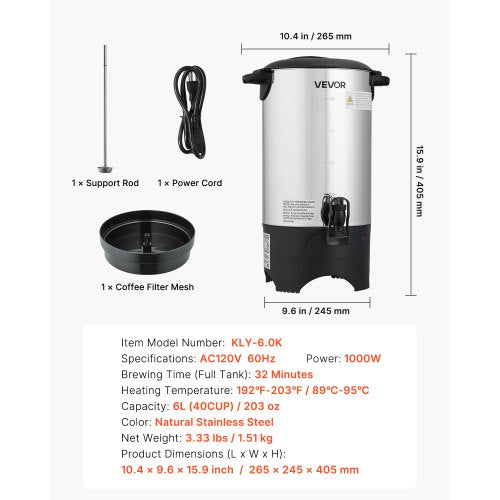 Commercial Coffee Urn 40 Cup 6 L Hot Beverage Dispenser with Dripless 1