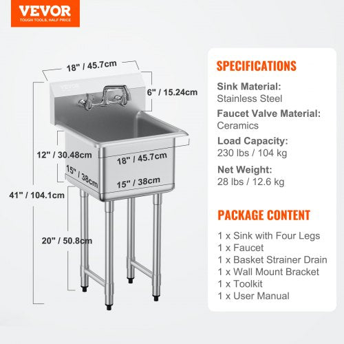Stainless Steel Prep Utility Sink 1 Compartment Free Standing Small Include