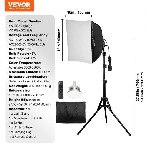 Softbox Lighting Kit 16 x 16 Professional Softbox with 45W LED Bulbs