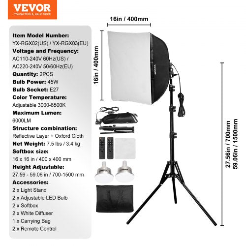Softbox Lighting Kit 16 x 16 Professional Softbox with 45W LED Bulbs