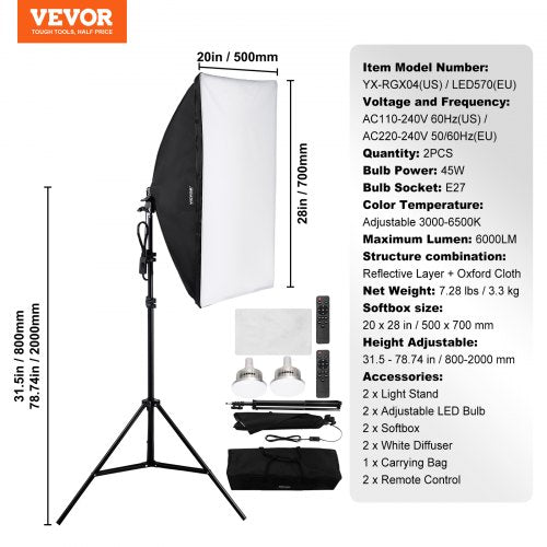 Softbox Lighting Kit 20 x 28 Professional Softbox with 45W 30006500K