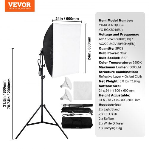 Softbox Lighting Kit 24 x 24 Professional Softbox with 30W 5500K LED