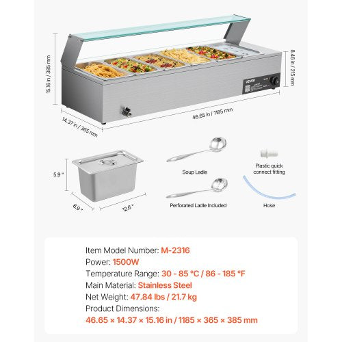 Commercial Food Warmer 1500W Electric Stainless Steel Steam Food Warmer 1