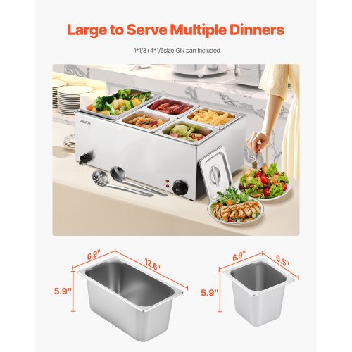 24QT Commercial Food Warmer 5Pan Electric Steam Table 1200W Professional